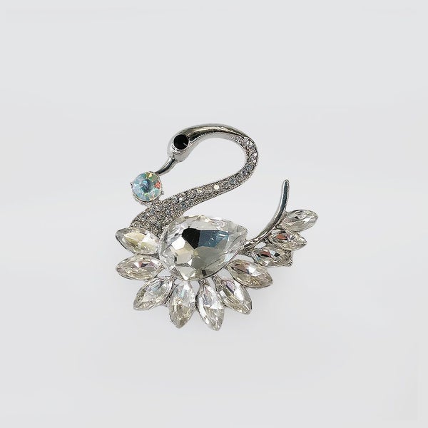 Silver Diamante 'Crying Swan' Brooch Carousel 1