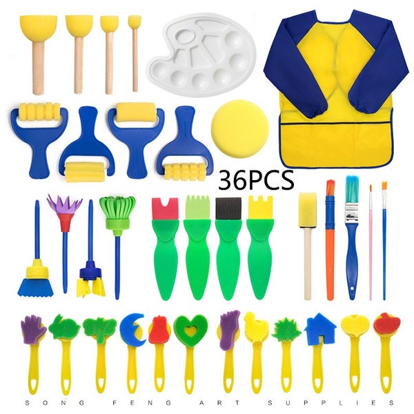 36PCS Kids Fun Painting Brushes Drawing Brush Palette Apron for Toddlers Carousel 1