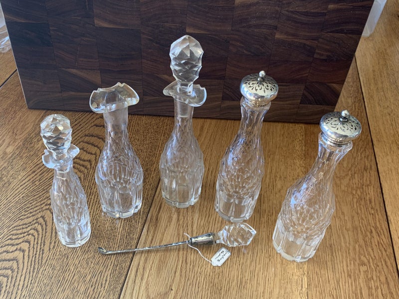 Victorian 6piece cut glass condiment matching pieces, 2 silver topped. Carousel 1