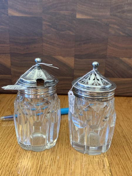 Victorian pair cut glass condiment set, sterling silver topped. Carousel 2