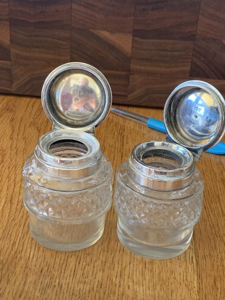 Victorian pair cut glass condiment set, sterling silver topped. Carousel 1