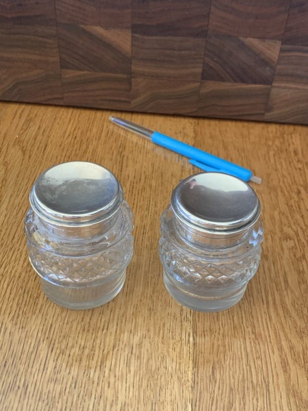 Victorian pair cut glass condiment set, sterling silver topped. Carousel 2