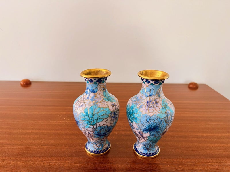 Vintage Cloisonne Floral Enamel Vases X2 Carousel 1