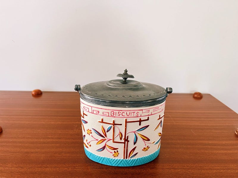 Antique Majolica? Ceramic Bamboo Trellis Design Biscuit Barrel Carousel 1