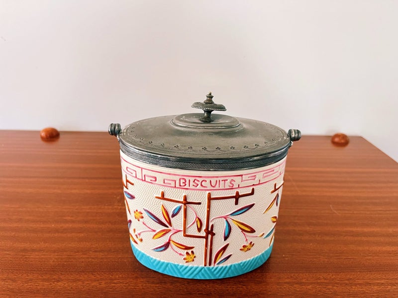 Antique Majolica? Ceramic Bamboo Trellis Design Biscuit Barrel Carousel 2