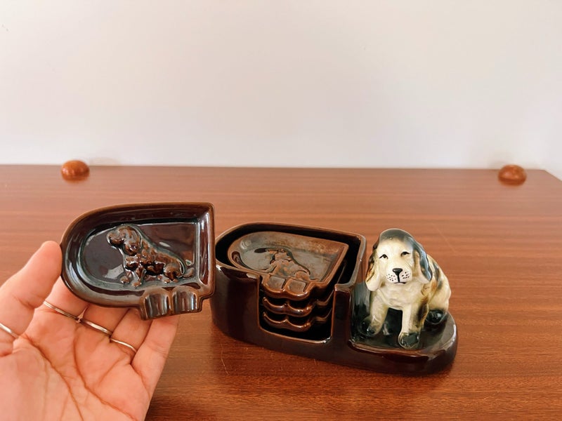 Vintage Mid Century Ceramic Spaniel Dog Ashtray And Holders Carousel 1