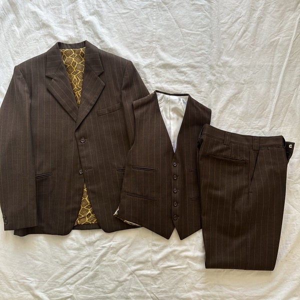 Vintage 1950s Bespoke Tailor Made Pure Wool Striped Three Piece Suit Carousel 1