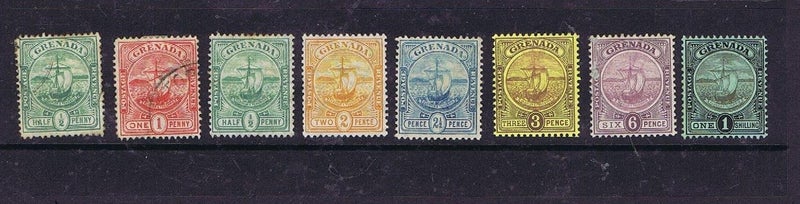 British-Grenada 1906-11 8 stamps HM up to 1/- Inc one used Carousel 1