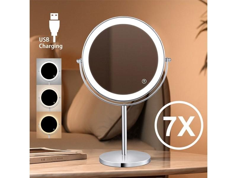 8 Inch Makeup Mirror With LED 3 Color Lights 5X7X10X Magnification Double Sided Carousel 1