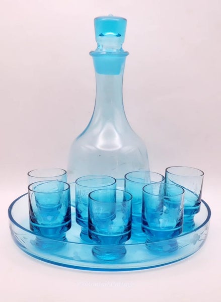 Vintage Aqua Blue Glass Decanter Tray & Aperitif Glasses Etched Carousel 1