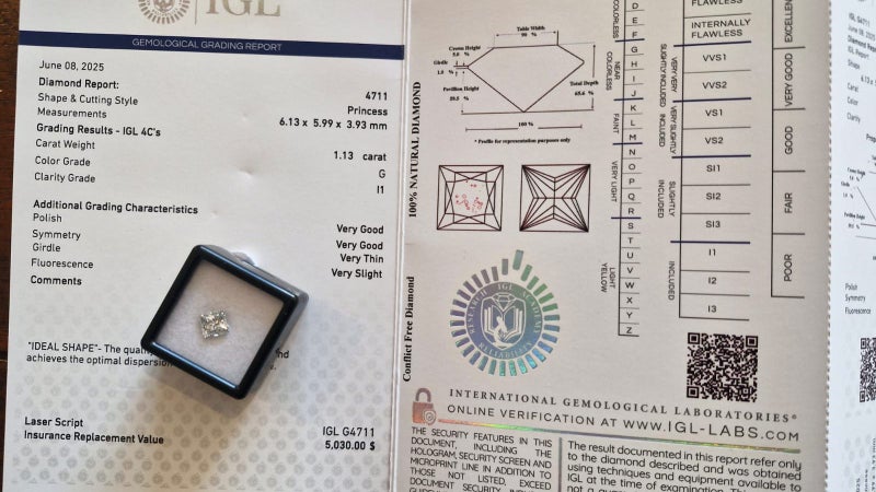 $1 RES * Valuation $8,493.00 * 1.13ct PRINCESS Large White Diamond Loose IGLCERT Carousel 2