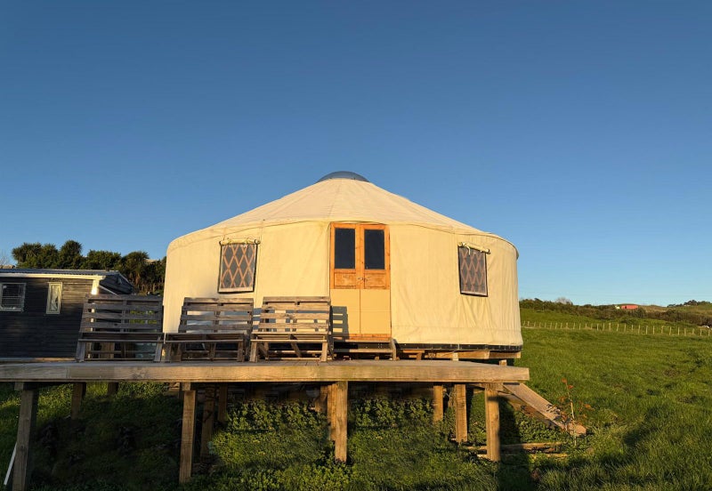 9m Yurt with Custom Circular Floor, fireplace, & Front Deck Carousel 1
