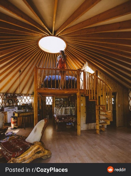 9m Yurt with Custom Circular Floor, fireplace, & Front Deck Carousel 10