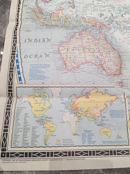 Vintage 1951 World Map by The National Geographic Society Carousel 2