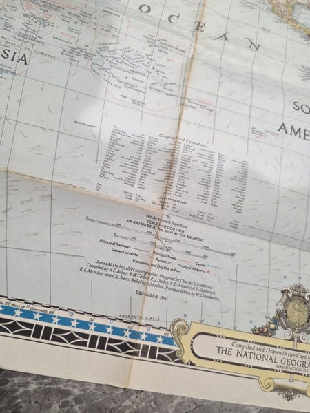 Vintage 1951 World Map by The National Geographic Society Carousel 7