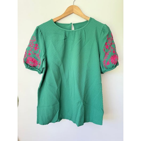 Shein XL Green Textured Top with Pink Floral Embroidery Carousel 1