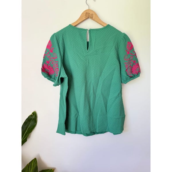Shein XL Green Textured Top with Pink Floral Embroidery Carousel 2