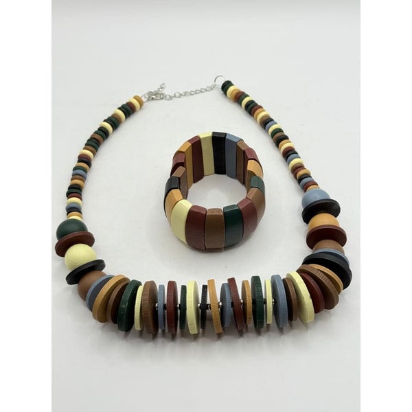 Boho Wooden Beaded Necklace and Bracelet Set Carousel 1