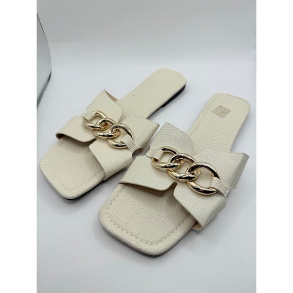 Size 43 Cream Flat Sandals with Gold Chain Detail Carousel 1