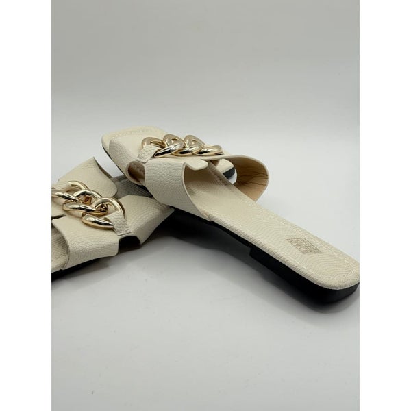 Size 43 Cream Flat Sandals with Gold Chain Detail Carousel 2