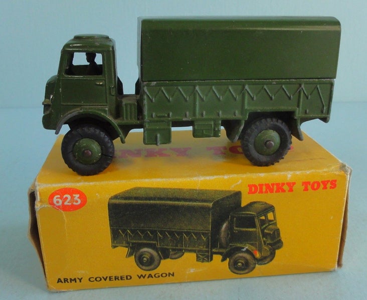 #34 Dinky Toys 623 Army Bedford Covered Wagon in Repro Box Carousel 1