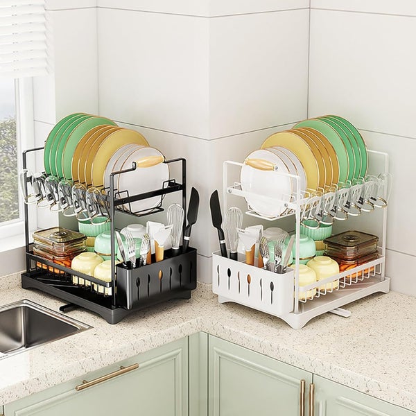 2-Tier Large Dish Drying Rack With Drainboard Utensil Holder Glass Hooks & Cu... Carousel 9