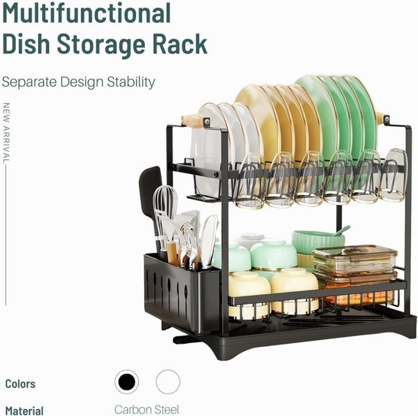 2-Tier Large Dish Drying Rack With Drainboard Utensil Holder Glass Hooks & Cu... Carousel 2
