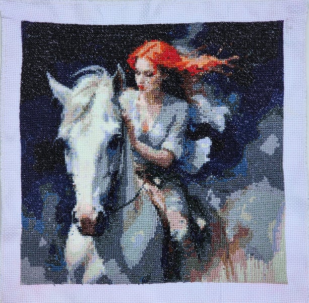 Lady on horse finished cross stitch picture Carousel 1