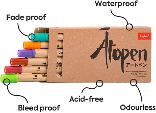 Dingbats* Atopen Trend 6-Pack Dual Tip Fineliner / Brush Pens for Calligra Carousel 1