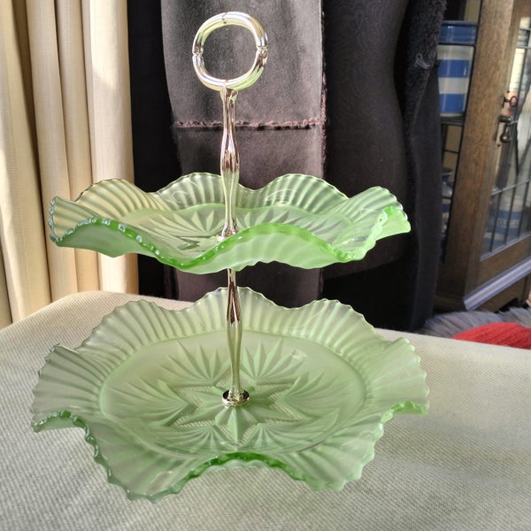 1930's ART DECO SOWERBY FROSTED GREEN GLASS RUFFLE CAKE STAND Carousel 1