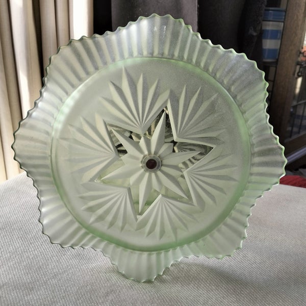 1930's ART DECO SOWERBY FROSTED GREEN GLASS RUFFLE CAKE STAND Carousel 3