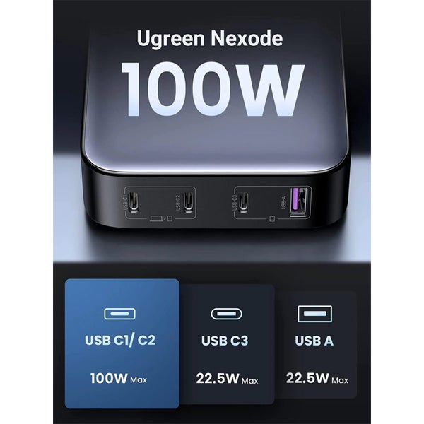 UGREEN Nexode 100W 4 Ports GaN USB-C Desktop Power Charger - 1x USB-A & 3x USB-C Carousel 2