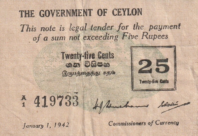 CEYLON 25 CENTS BANKNOTE 1.1.1942 P.40 Good FINE Carousel 1