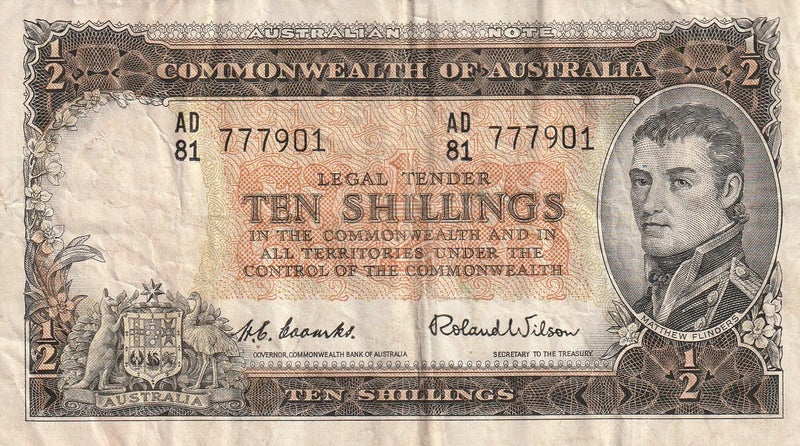 AUSTRALIA 10 SHILLINGS BANKNOTE ND(1954-60) P.29a Almost FINE Carousel 1