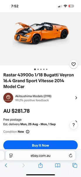 Rastar 43900o 1/18 Bugatti Veyron 16.4 Grand Sport Vitesse 2014 Model Car Carousel 3