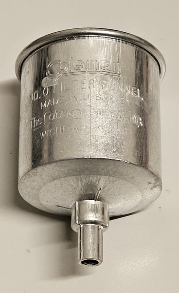 Vintage COLEMAN No. 0 Filter Funnel Aluminum Fuel Funnel w/ Blue Filter Carousel 1
