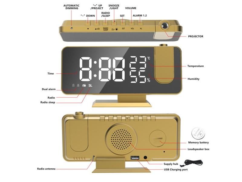 FM Radio Digital Alarm Clock With 180° Time Projection 12/24H Snooze LED Clock Carousel 1