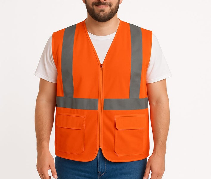 Mens Hi Vis Zip Thru Safety Vest w/ Reflective Tape Workwear in Fluro Orange Carousel 1