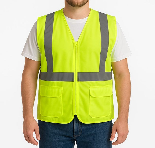 Mens Hi Vis Zip Thru Safety Vest w/ Reflective Tape Workwear in Fluro Yellow Carousel 1