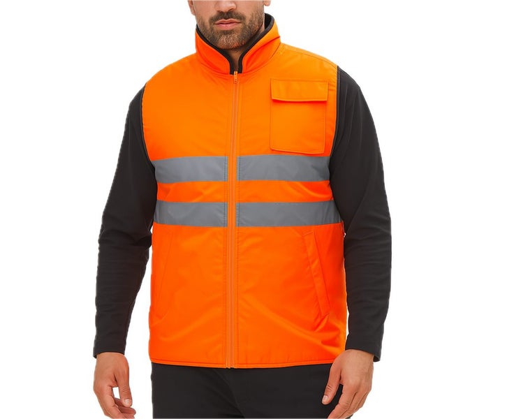 Mens Reversible High Visibility Zip Thru Vest Workwear Jacket in Fluro Orange Carousel 1