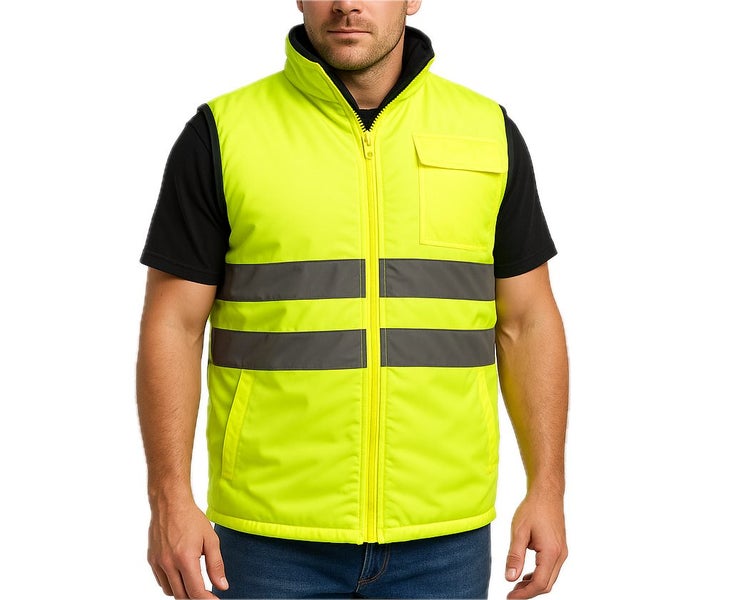 Mens Reversible High Visibility Zip Thru Vest Workwear Jacket in Fluro Yellow Carousel 1