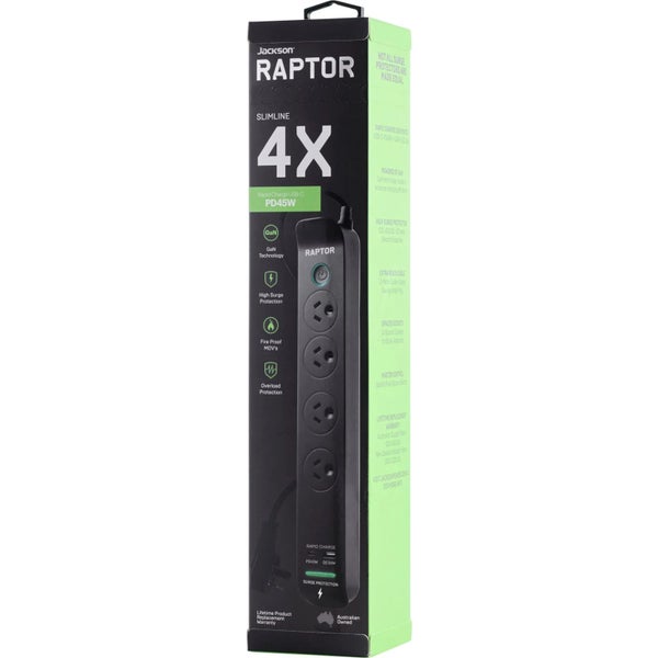 Jackson RAP445 Raptor Master Switched 4 Way Surge Protected Powerboard 45W PD Carousel 4