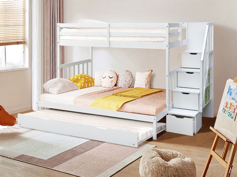 SOLID PINE SINGLE+DOUBLE BUNK SET+ROLLAWAY BED & BUILT IN STORAGE BOX STAIRS! Carousel 2