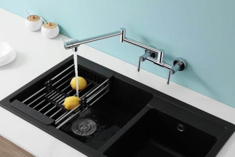 Wall Mounted Three Handle Double Joints Free Rotating Kitchen Sink Faucet Carousel 2