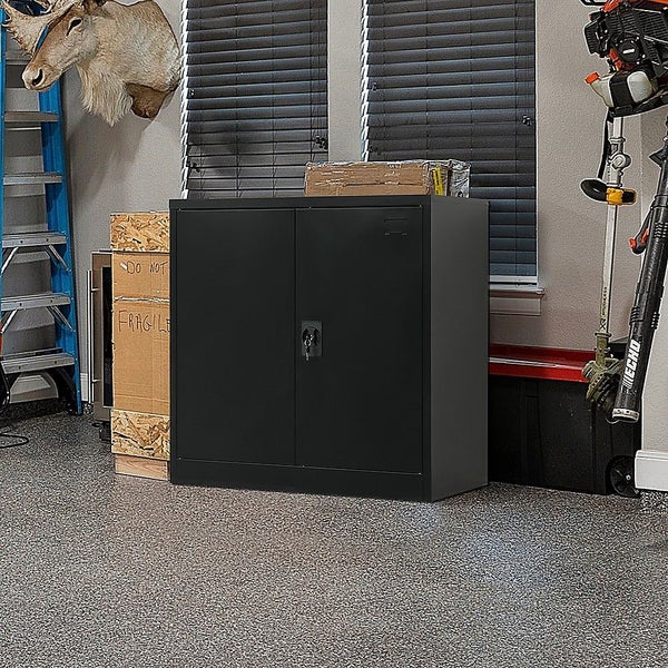 Two-Door Metal Short Cabinet Shelf Storage For Home Office Gym Carousel 1