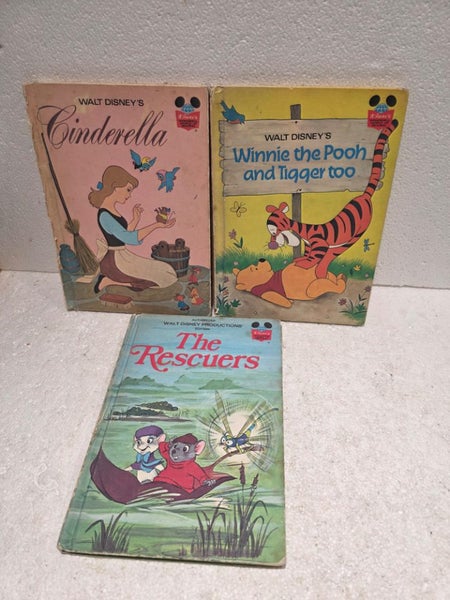 3 x Walt Disney Kids Vintage Books - Winnie the Poo - Cinderella - The Rescuers Carousel 1