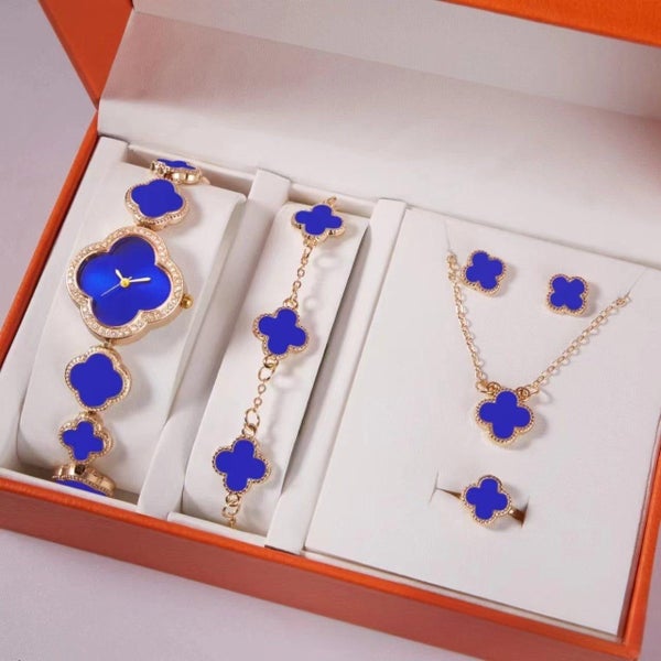 Elegant 5 Piece Women's Jewelry & Watch Set Crystal Accented Heart Design(Blue) Carousel 1