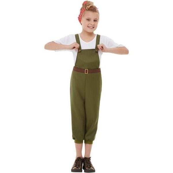 WW2 Little Land Girl Costume Child Green Dungarees Belt White Top Red Headscarf Carousel 1