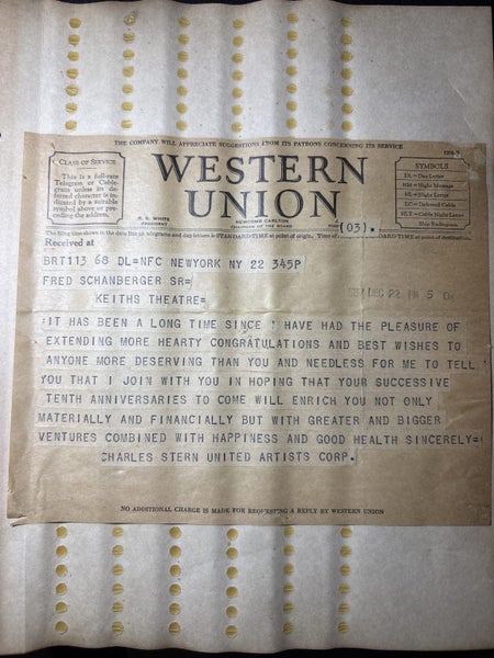 1937 telegram from Charles Stern United Artists Carousel 1