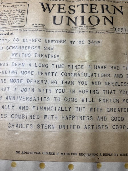 1937 telegram from Charles Stern United Artists Carousel 3